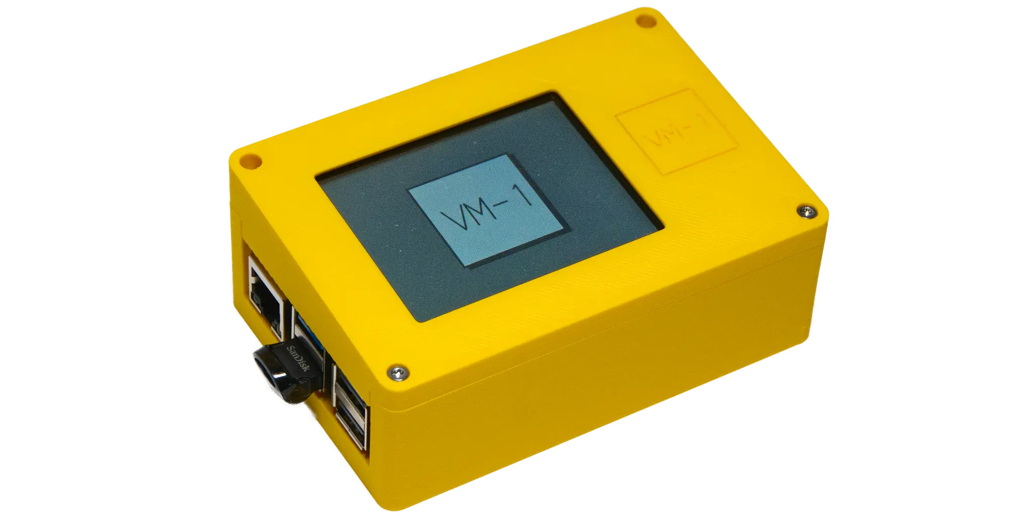 A small yellow case with a display showing the VM-1 logo